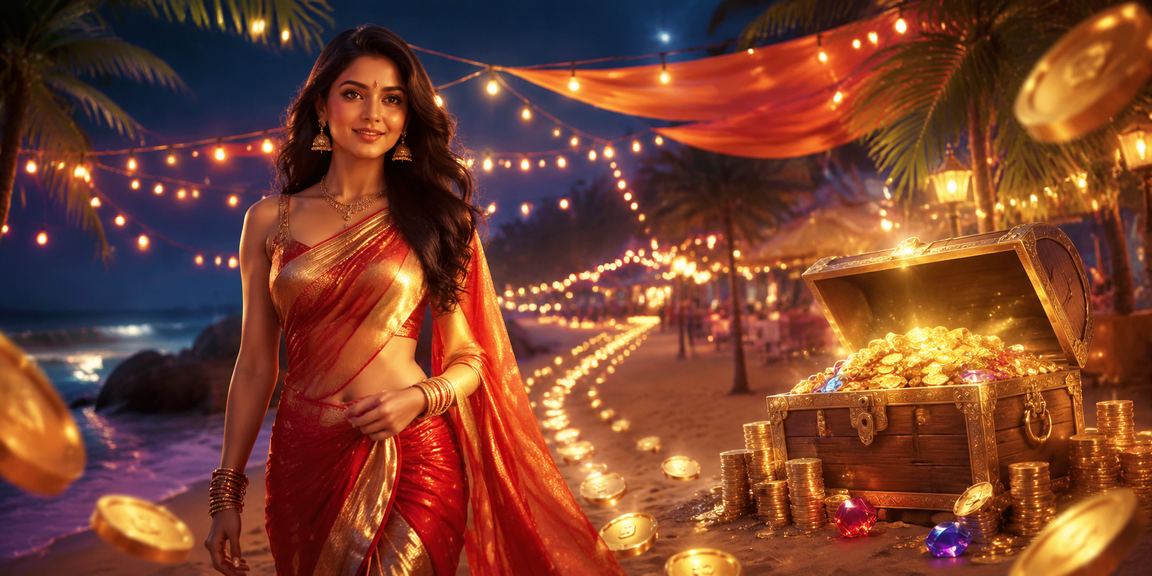 Modern Indian woman using a mobile casino app with vibrant lighting