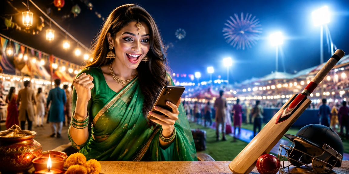 Woman enjoying slots game on smartphone with cricket background